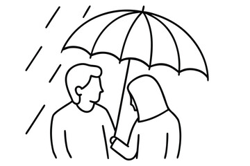 Two people sharing an umbrella in the rain a simple line drawing illustration