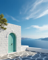 Scenic coastal view with white architecture and blue sea under a clear sky