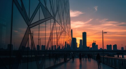 Urban sunset silhouettes reflected on innovative building facade design