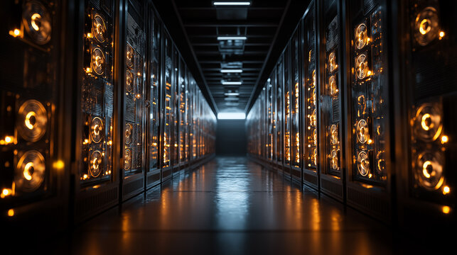 Bitcoin Mining Farm Server Room Data Center Crypto Coin Crypto Currency Tech - Powered by Adobe