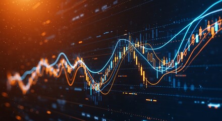 Futuristic financial stock market chart with glowing candlestick patterns, data points, and digital analytics on a dark background, symbolizing trading, analysis, and investment trends.
