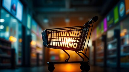 Empty Shopping Cart Silhouette Against Blurred Store Interior