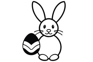 Cute hand drawn easter bunny holding a decorated egg in black and white outline
