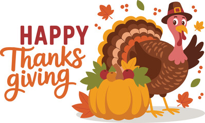 Cute Thanksgiving turkey illustration with pumpkin, autumn leaves, festive hat, holiday greeting, fall celebration, harvest elements, and colorful background.