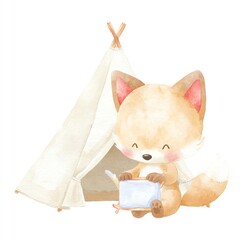 Cute Fox Cub in Teepee with Book