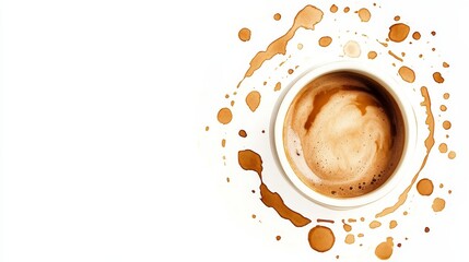 Artistic Overhead View of Spilled Coffee Cup with Chaotic Stains and Light Beverage on Surface