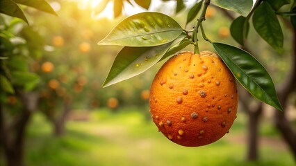 Ripe orange with textured skin on branch citrus fruit