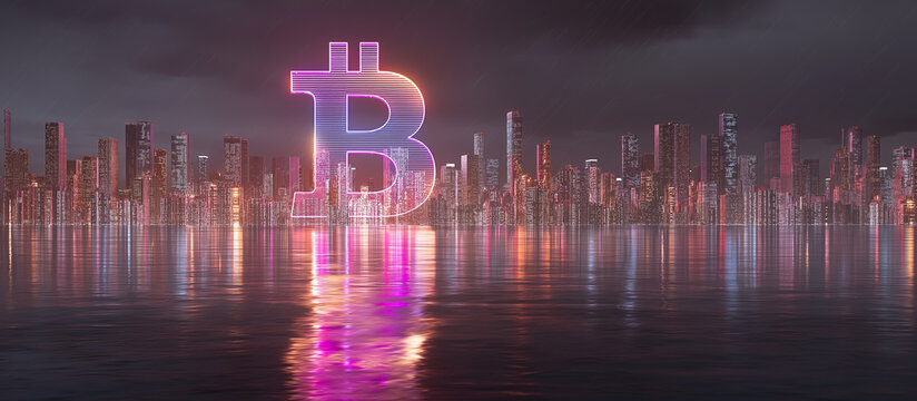Bitcoin neon glowing city with crypto coin reflected in the water currency - Powered by Adobe