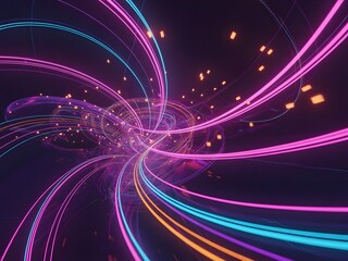 Abstract digital rendering of a futuristic vortex with swirling neon pink and blue light trails symbolizing speed and technology.