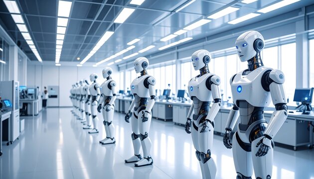 A row of humanoid robots stands in a bright, clean laboratory