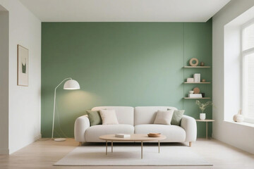Modern living space featuring a green accent wall with minimalist decor and cozy ambiance.