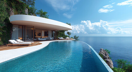 Fototapeta premium Curved white villa infinity pool ocean view architecture