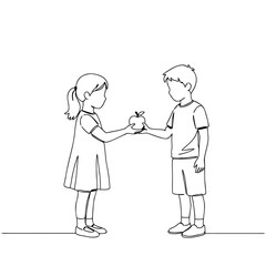 Children exchanging an apple in a simple line drawing style  