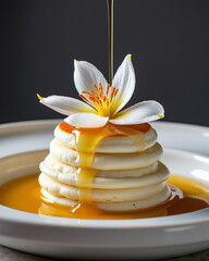 Creative Dessert Presentation with Creamy Layers and Drizzling Honey on a Flower