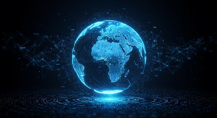 Futuristic digital globe with glowing blue continents and data network connections, representing global connectivity, technology, and digital transformation.