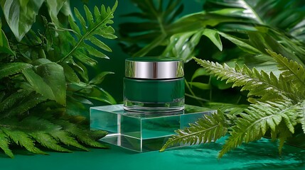 Elegant Cosmetic Jar on Clear Glass Display Amid Lush Green Foliage for Organic Beauty Product Concept and Natural Skincare Promotion