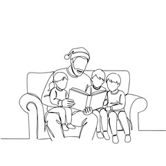 Father reading Christmas story to children while sitting on sofa  