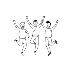 Jumping people, friendship, leisure set concept. Young jumping happy people, men and women, boys and girls, teenagers students together holding hands. Happiness and joy lifestyle. Simple flat vector