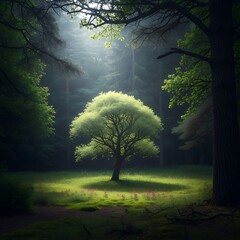 Luminous solitary tree bathed in sunlight within a misty forest clearing