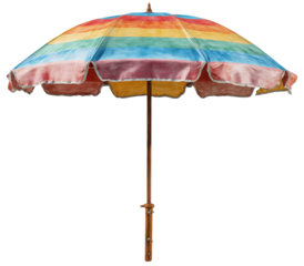 Vibrant rainbow umbrella, open.  Colorful canopy with multiple, blended rainbow stripes, edged in a pale pink. Wooden pole.  Isolated on black
