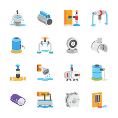 A collection of 2d flat design icons depicting various plumbing and water system components.