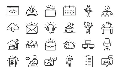 An icon pack featuring a diverse range of outline symbols for business, technology, productivity, and professional services.
