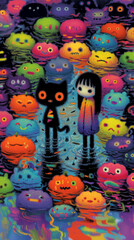Fototapeta premium Whimsical illustration of a girl and black cat surrounded by colorful floating pumpkin creatures in a fantasy world
