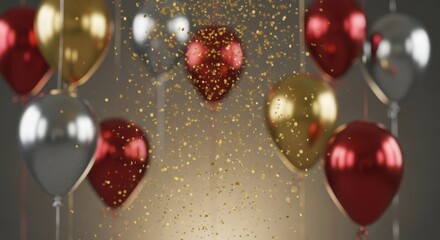 Dynamic gold confetti falling in front of suspended balloon holiday event and announcement design.