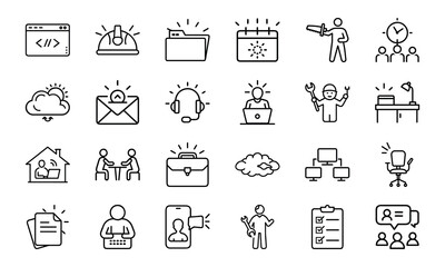An icon pack featuring a diverse range of outline symbols for business, technology, productivity, and professional services.