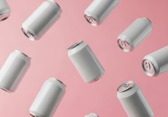Blank white aluminum soda can mockups on pink background
