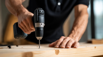 Close-up of man using cordless power drill to bore hole in wooden plank during carpentry project