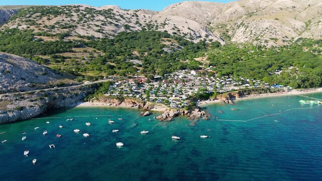 Campsite at Campig Skrila, Krk Island, Stara Baska Croatia, Aerial View of the Mountains and Coast With Boats, Beaches and Adriatic Sea. The Seaside Rv Campmobiles on a Summer Beautiful Coastline
