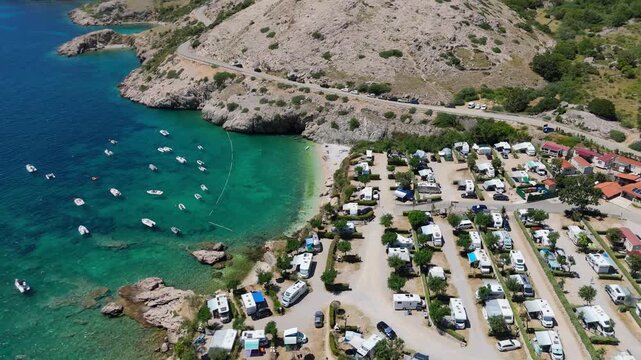 Campsite at Campig Skrila, Krk Island, Stara Baska Croatia, Aerial View of the Mountains and Coast With Boats, Beaches and Adriatic Sea. The Seaside Rv Campmobiles on a Summer Beautiful Coastline