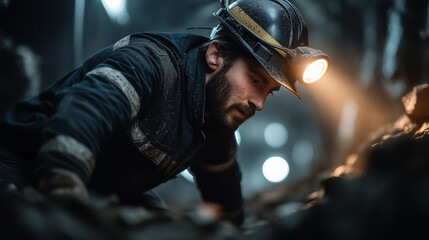 Fototapeta premium Focused underground miner with headlamp working in dark rocky tunnel environment