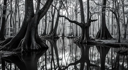 Keuken achterwand Reflectie Monochromatic cypress trees with exposed roots reflected in still water of a swamp  © shirina design