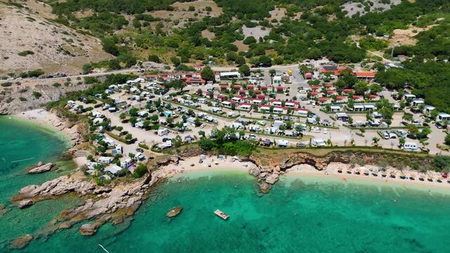 Campsite at Campig Skrila, Krk Island, Stara Baska Croatia, Aerial View of the Mountains and Coast With Boats, Beaches and Adriatic Sea. The Seaside Rv Campmobiles on a Summer Beautiful Coastline
