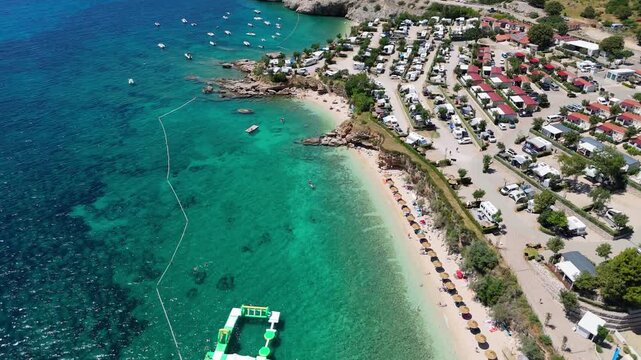 Campsite at Campig Skrila, Krk Island, Stara Baska Croatia, Aerial View of the Mountains and Coast With Boats, Beaches and Adriatic Sea. The Seaside Rv Campmobiles on a Summer Beautiful Coastline