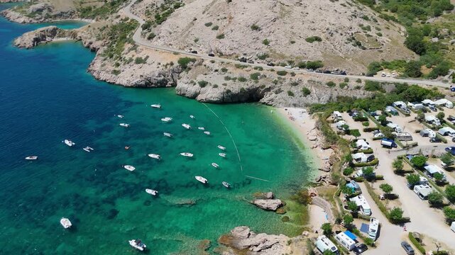 Campsite at Campig Skrila, Krk Island, Stara Baska Croatia, Aerial View of the Mountains and Coast With Boats, Beaches and Adriatic Sea. The Seaside Rv Campmobiles on a Summer Beautiful Coastline