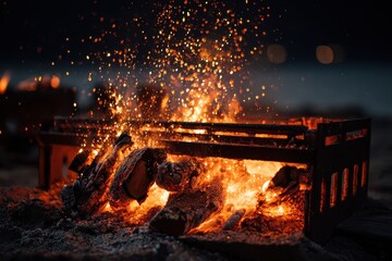 Campfire Grill with Burning Wood at Night at beach for BBQ ads or social media