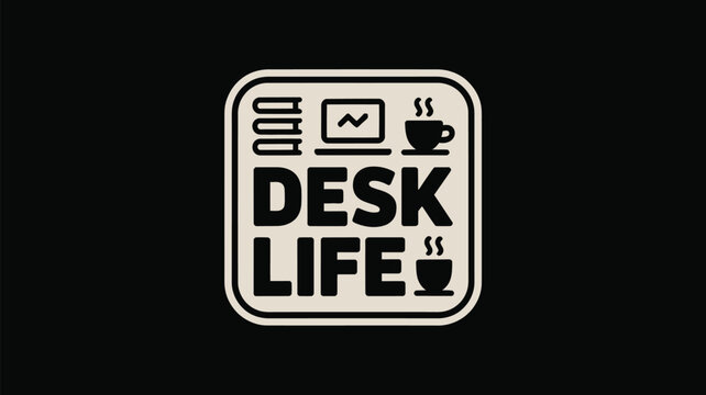 A graphic illustration of a desk life logo with books laptop and coffee in a rounded rectangle shape