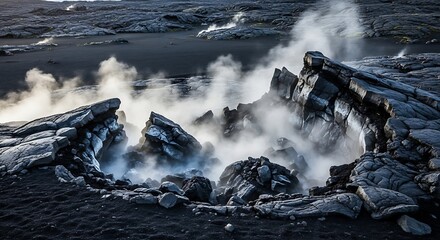 Dramatic volcanic landscape with steaming fissures and dark rocky terrain