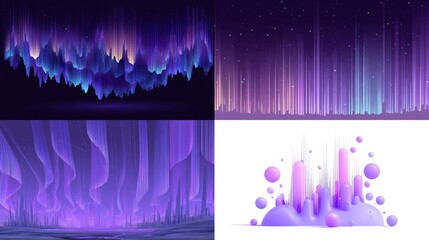 Four vector scenes featuring purple, blue, and pink glowing vertical light effects