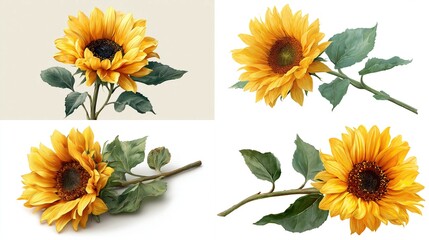 Four realistic illustrations of sunflowers, showcasing variations in pose and angle, against plain backgrounds; detailed petals, leaves, and stems are depicted