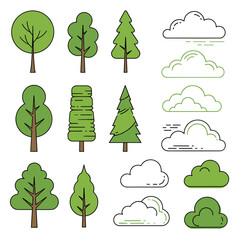 Fototapeta premium Collection of stylized trees and clouds in flat design style for nature graphics and illustrations