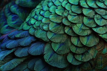 Close-up of iridescent, overlapping bird feathers, teal and green hues