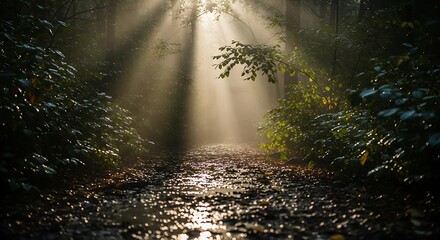 Sunbeams pierce through misty forest canopy illuminating a wet path with fallen leaves