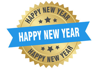 happy new year. happy new year round blue and gold label isolated on transparent background