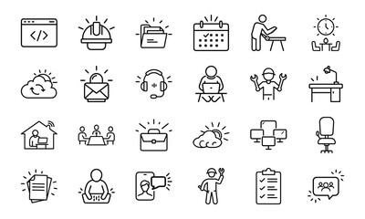 An icon pack featuring a diverse range of outline symbols for business, technology, productivity, and professional services.