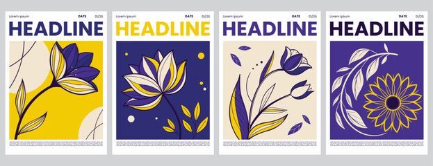 Modern Floral Poster Set with violet tones
