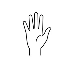 A simple outline drawing of an open hand showing fingers and palm showing the gesture of stopping or waving hello
